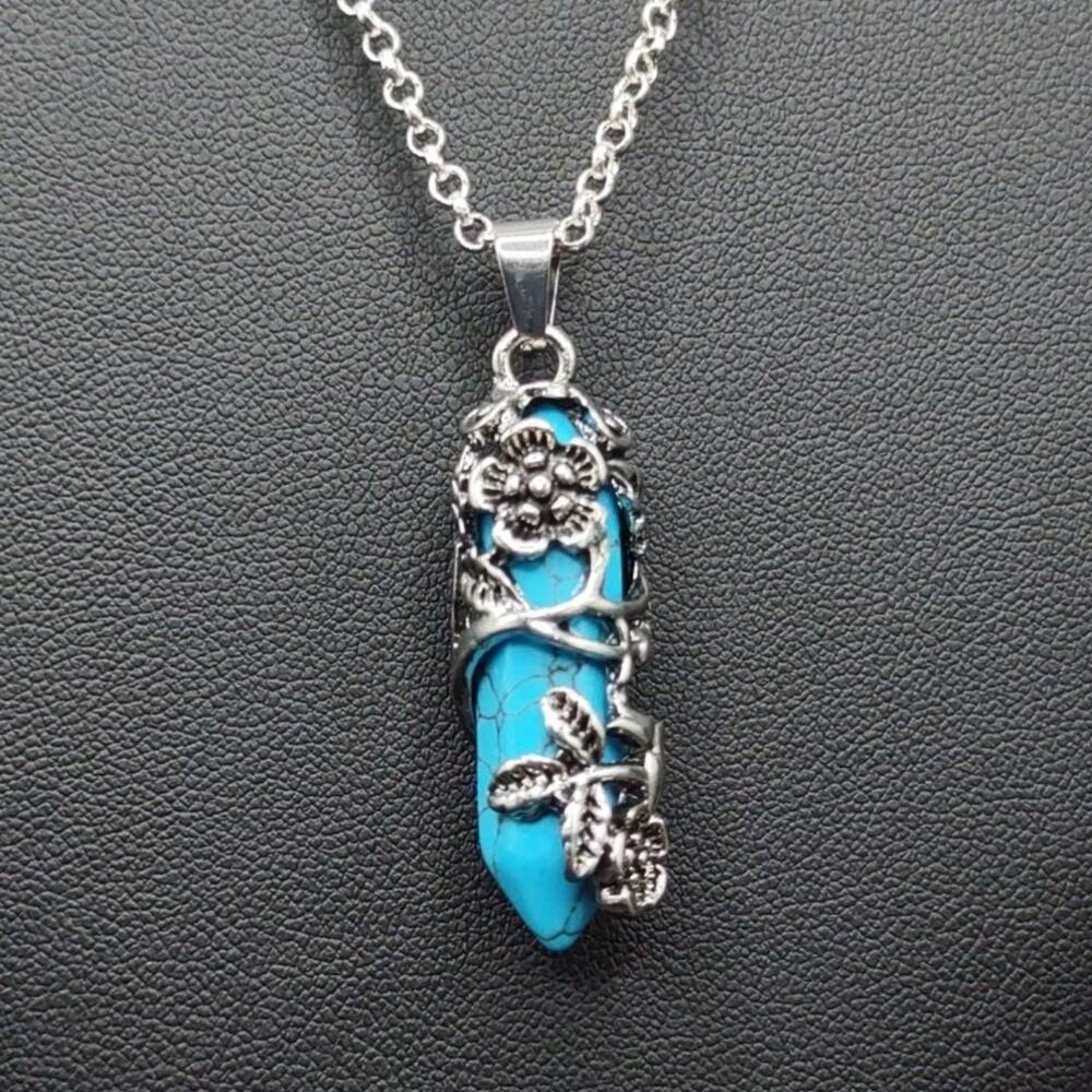 925 Silver Necklace W/ Blue Turquoise Crytsal Boho Floral Vine Vtg Birthday Gift